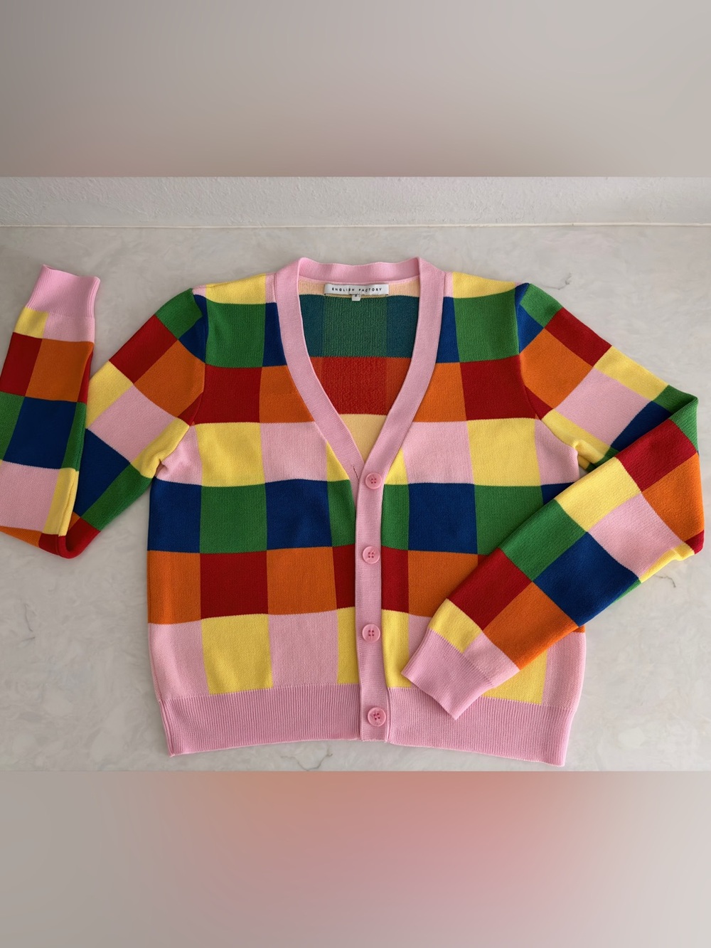English Factory Multi-Colorblock  Pink Trim Knit Cardigan Maximalist Y2K 90’s